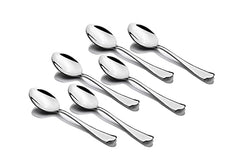 Set of six shiny stainless dessert spoons laid out neatly on plain white background.