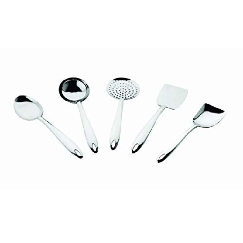 Five-piece stainless steel serving utensil set including rice spoon, ladle, skimmer, flat spatula, and curry server with hanging loops