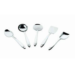 Five-piece stainless steel serving utensil set including rice spoon, ladle, skimmer, flat spatula, and curry server with hanging loops