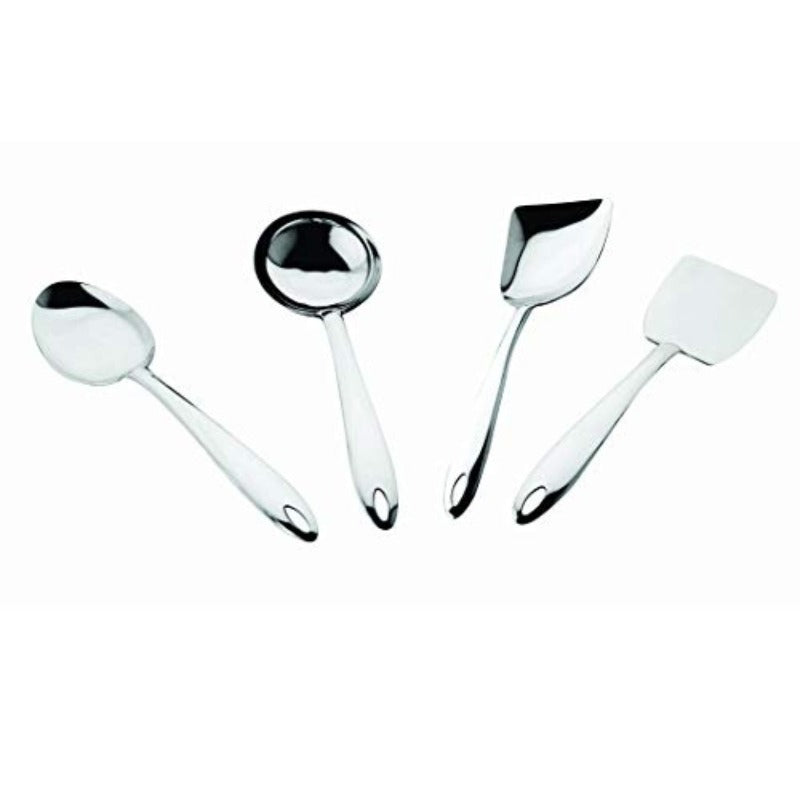 Four-piece stainless steel serving utensil set including rice spoon, ladle, curry server, and flat spatula with hanging loops
