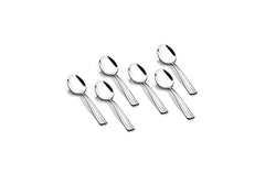 Set of six stainless steel teaspoons with clean lines and polished finish displayed on white surface.