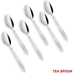Set of six patterned stainless steel teaspoons arranged diagonally on white background, labeled “TEA SPOON.