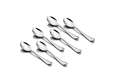Set of six identical stainless steel teaspoons with curved handles displayed on a white background.