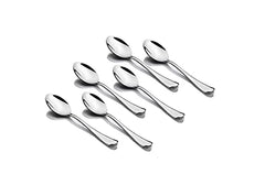 Set of six identical stainless steel teaspoons with curved handles displayed on a white background.