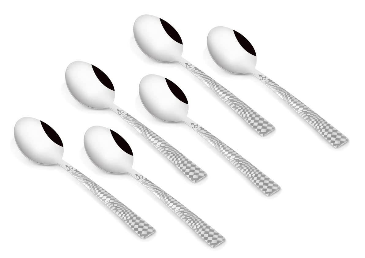 Set of six stainless steel dessert spoons with checkered handles displayed neatly on white background.