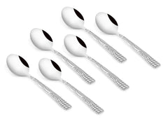 Set of six stainless steel dessert spoons with checkered handles displayed neatly on white background.
