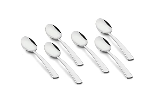 Six stainless steel dinner spoons aligned in rows, each with a modern, minimalist handle design.