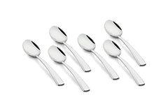 Six stainless steel dinner spoons aligned in rows, each with a modern, minimalist handle design.