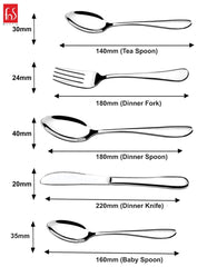 Size guide showing five stainless steel cutlery pieces with dimensions: teaspoon, dinner fork, spoon, knife, baby spoon.