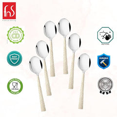 Tea spoon set 6-piece infographic showing dishwasher safe, rust proof, easy to clean, durable, food safe, and stainless steel features