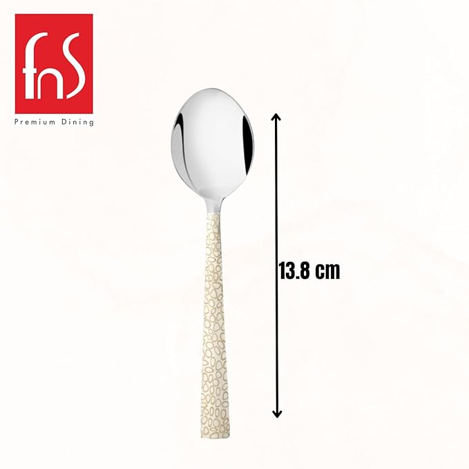 Tea spoon size measurement chart showing 13.8cm length with mirror finish bowl and textured beige handle