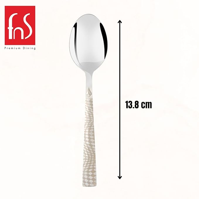 Tea spoon size measurement chart showing 13.8cm length with mirror finish bowl and textured white handle