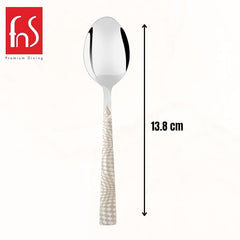 Tea spoon size measurement chart showing 13.8cm length with mirror finish bowl and textured white handle