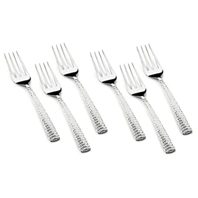 Six stainless steel forks with textured diamond-pattern handles arranged diagonally against white background