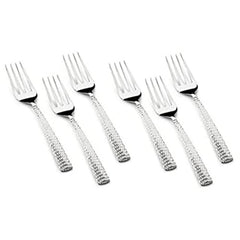 Six stainless steel forks with textured diamond-pattern handles arranged diagonally against white background