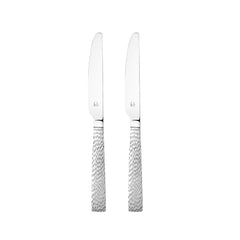 Two matching stainless steel dinner knives with elegant mesh-patterned handles standing upright on clean white background for product display photography.