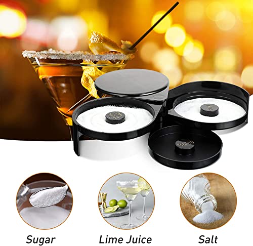Three-compartment cocktail rimmer with sugar, lime juice, and salt trays, margarita with bokeh lights background