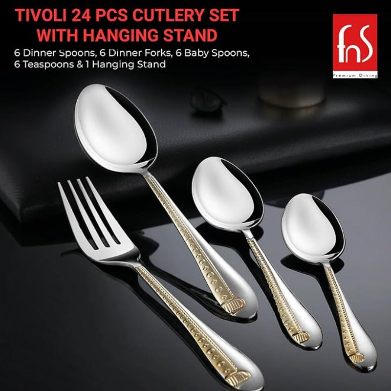Glossy cutlery pieces with gold handles showcased on black surface, highlighting set contents and brand details.