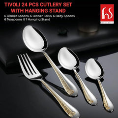 Glossy cutlery pieces with gold handles showcased on black surface, highlighting set contents and brand details.