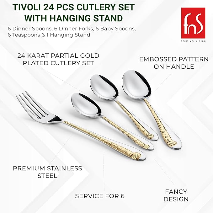 Cutlery set with gold-plated handles labeled to showcase material, embossing, and premium stainless steel details.