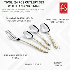 Cutlery set with gold-plated handles labeled to showcase material, embossing, and premium stainless steel details.