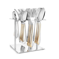 24-piece cutlery set neatly organized in metallic stand with gold-embossed handles on white background.