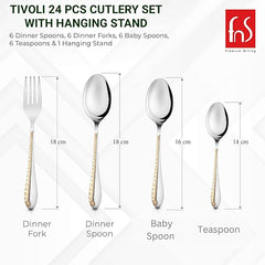 Four cutlery items displayed vertically with measurements labeled, illustrating lengths and design variations clearly.