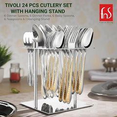Elegant cutlery set arranged in a stand, placed on dining table with soft kitchen background ambiance.