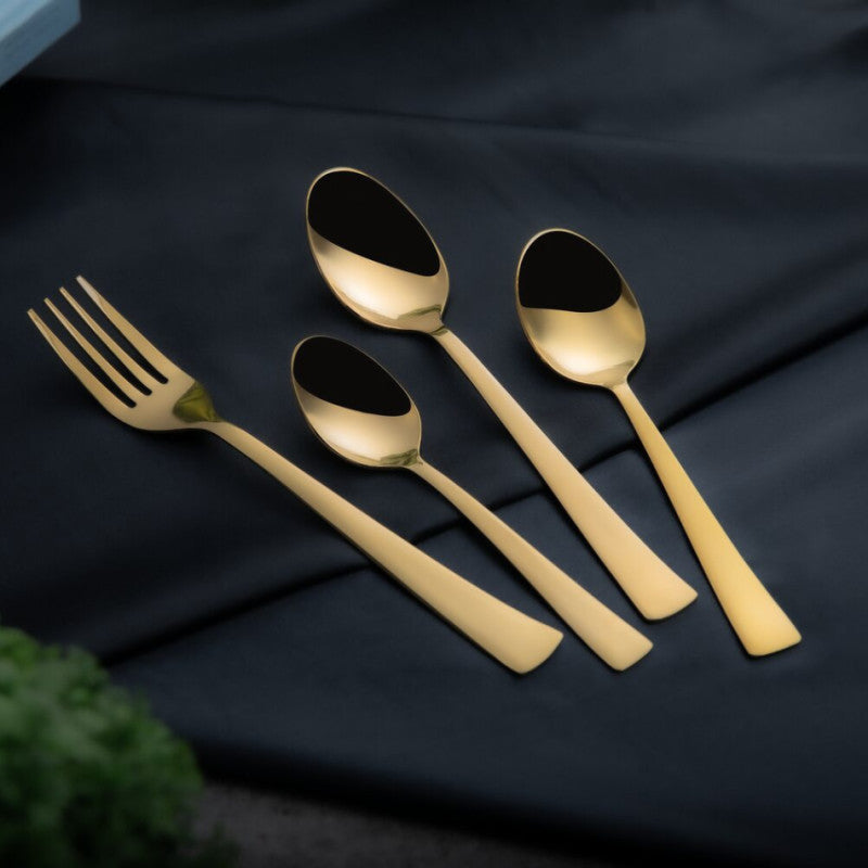 Top-down view of Gold 24 Piece Cutlery Set organized in the box