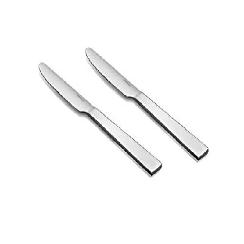 Pair of mirror-finish stainless steel Trendz dinner knives with contemporary flat rectangular handles arranged diagonally on clean white background.