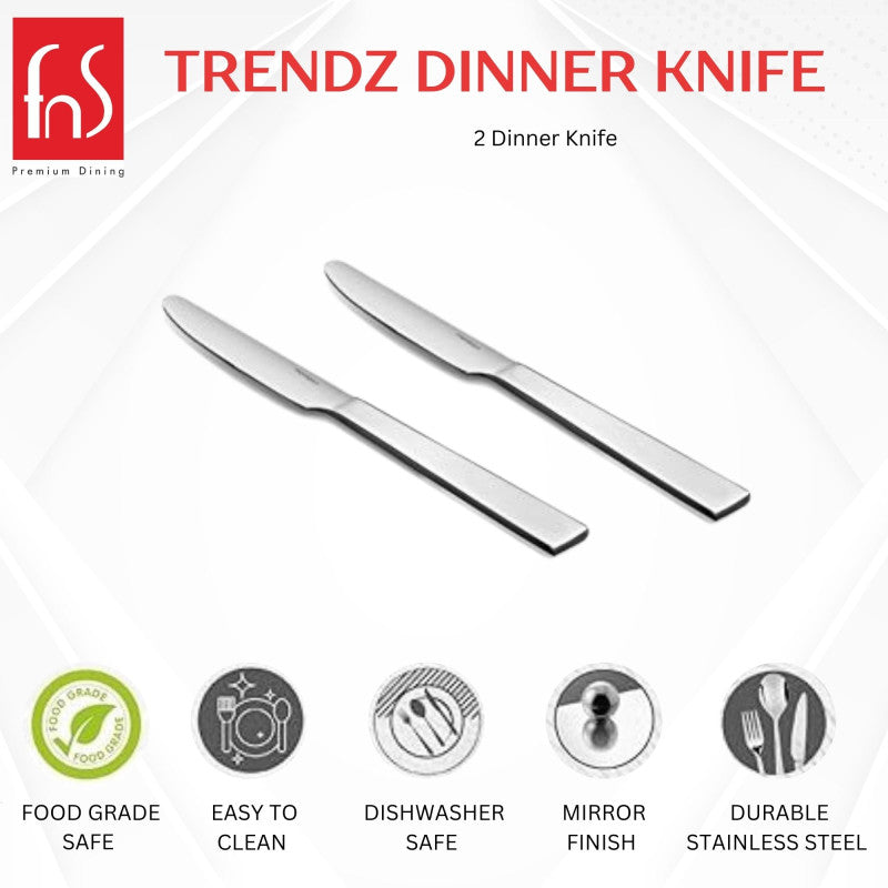 FnS Trendz Dinner Knife set of two featuring food-grade safe, easy clean, dishwasher safe, mirror finish, durable stainless steel construction.