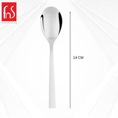 Single Trendz teaspoon with rounded bowl and flat tapered handle shown vertically with measurement indicator displaying 14 cm length, FnS Premium Dining logo in top left corner