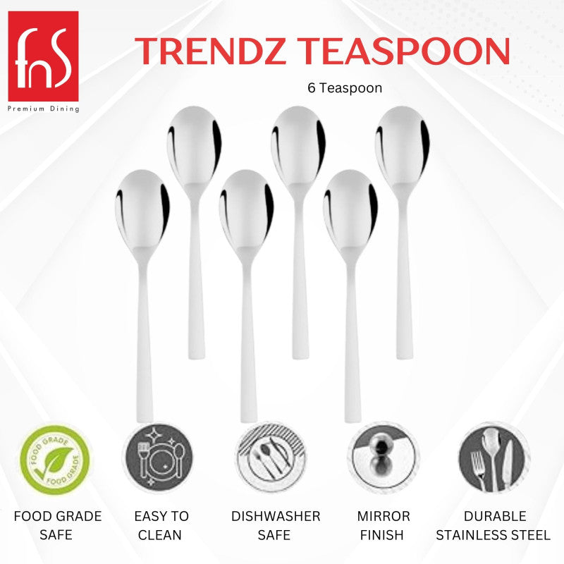 Trendz Teaspoon product display showing six stainless steel spoons arranged in two rows with five feature icons below: food grade safe, easy to clean, dishwasher safe, mirror finish, and durable stainless steel, FnS Premium Dining branding