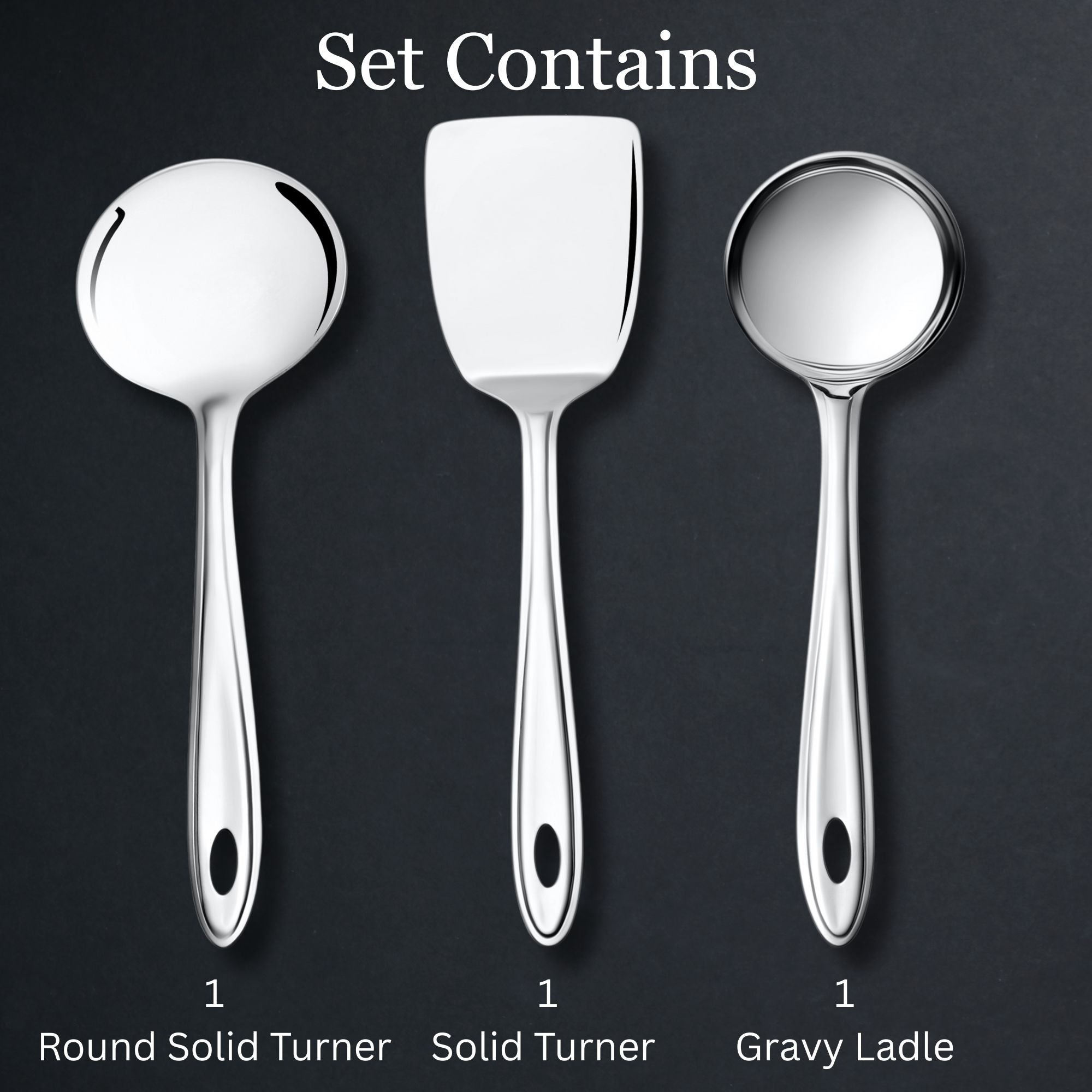 Trinity set contents showing 1 round solid turner, 1 solid turner, and 1 gravy ladle on dark background