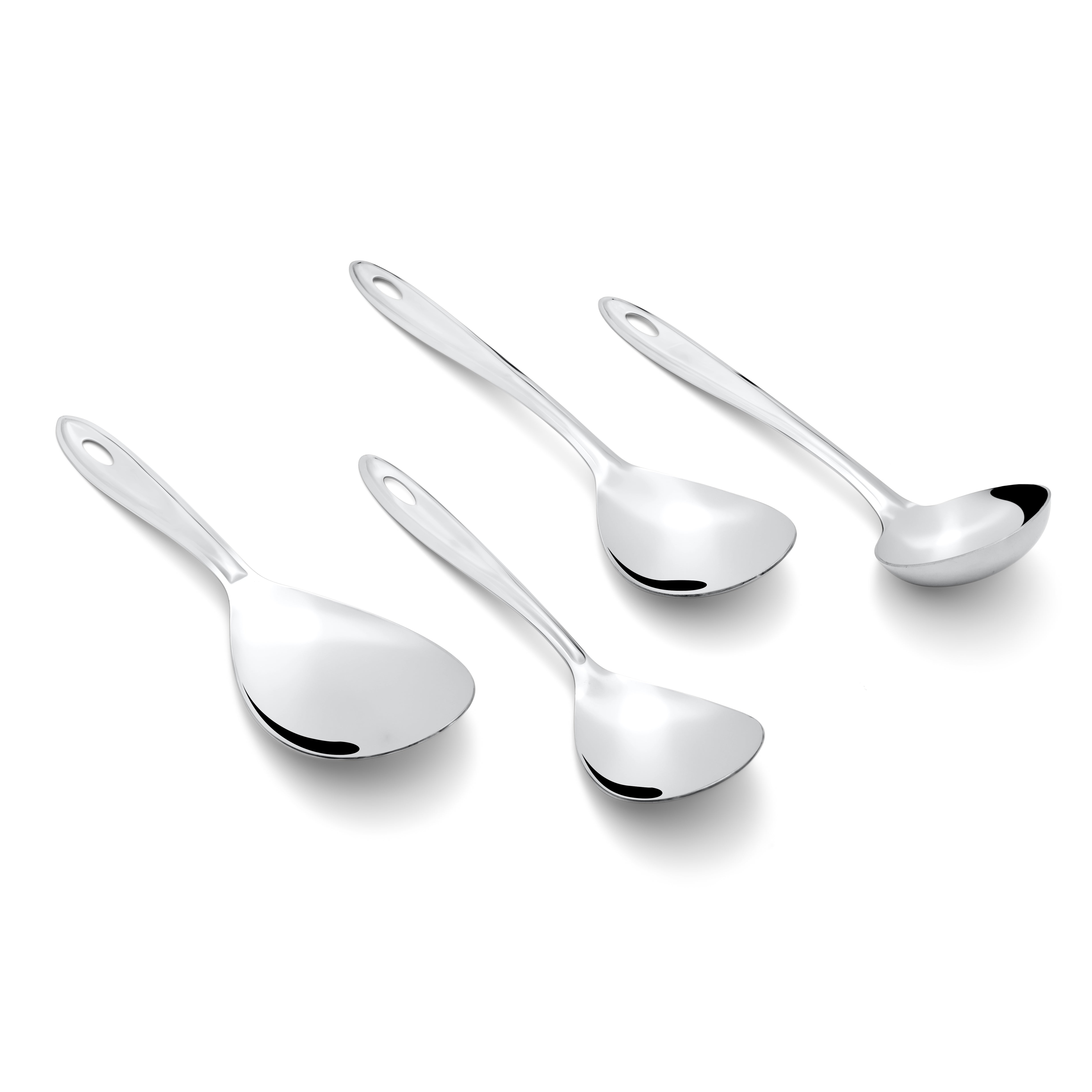 Four trinity stainless steel serving spoons arranged at angles on white background showing polished finish and elegant ergonomic handles.
