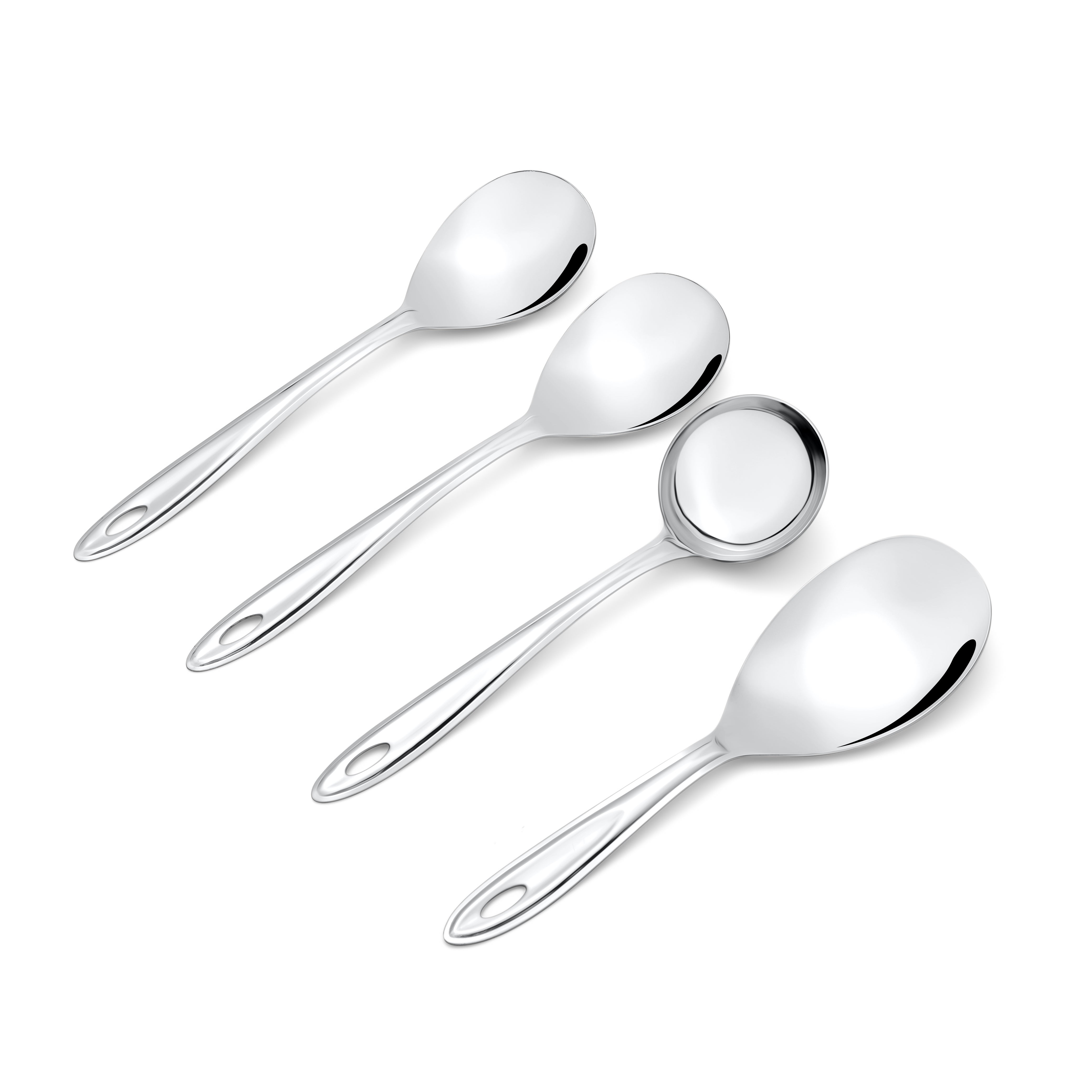 Four trinity stainless steel serving spoons arranged diagonally on white background showing gravy ladle and three serving spoon variations.