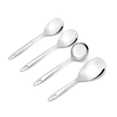 Four trinity stainless steel serving spoons arranged diagonally on white background showing gravy ladle and three serving spoon variations.
