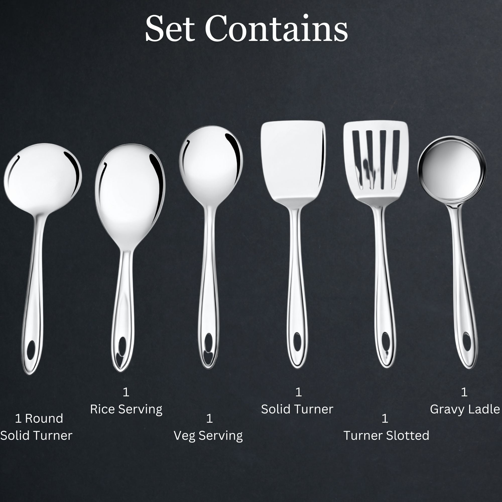 Trinity 6-piece serving set contents infographic showing round solid turner, rice spoon, vegetable spoon, solid turner, slotted turner, and gravy ladle.