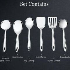 Trinity 6-piece serving set contents infographic showing round solid turner, rice spoon, vegetable spoon, solid turner, slotted turner, and gravy ladle.