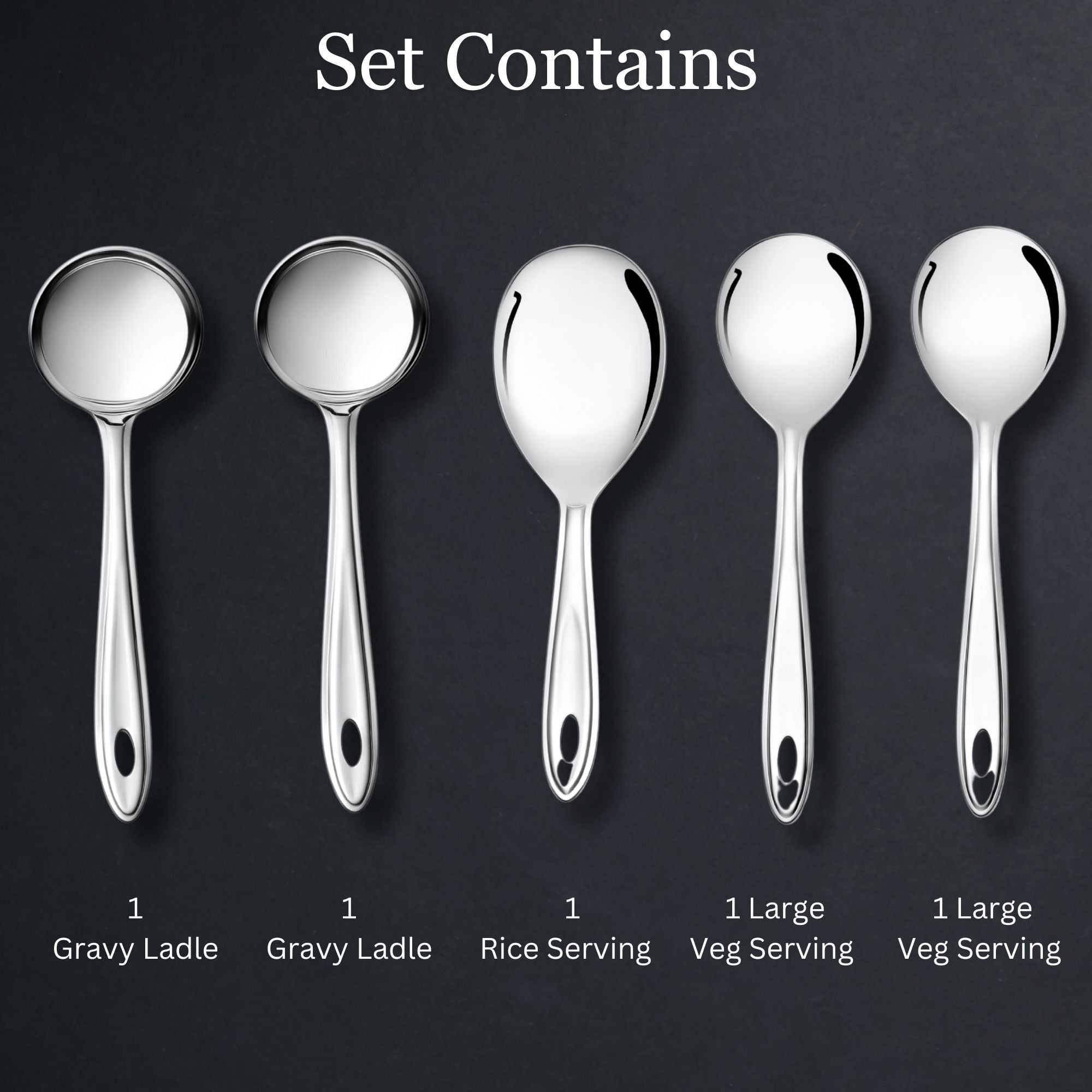 Trinity serving set contents including two gravy ladles, one rice serving spoon, and two large vegetable serving spoons infographic display.