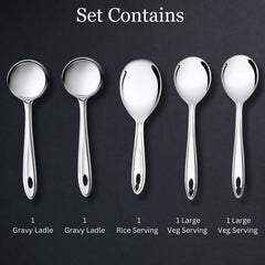 Trinity serving set contents including two gravy ladles, one rice serving spoon, and two large vegetable serving spoons infographic display.