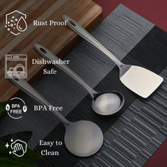 Trinity serving set features infographic highlighting rust-proof, dishwasher safe, BPA free, and easy to clean properties