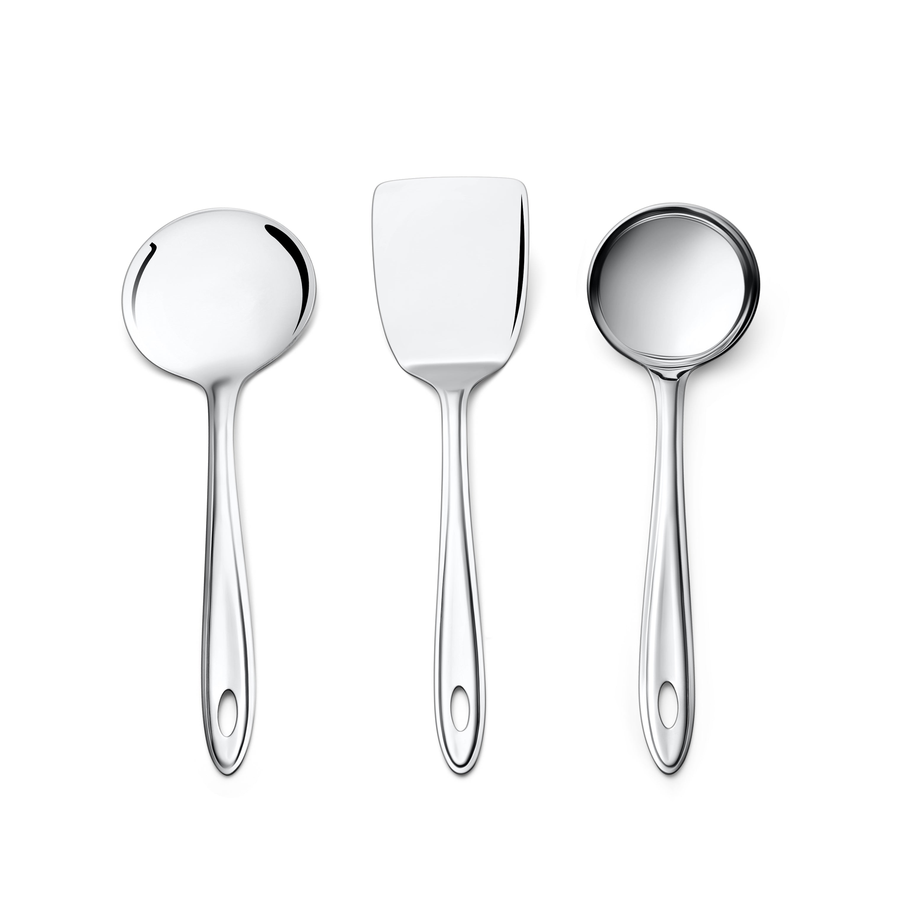 Trinity serving set with mirror-polished chrome finish featuring round turner, flat spatula, and gravy ladle with oval handles