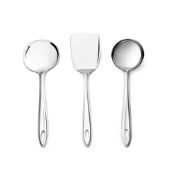 Trinity serving set with mirror-polished chrome finish featuring round turner, flat spatula, and gravy ladle with oval handles