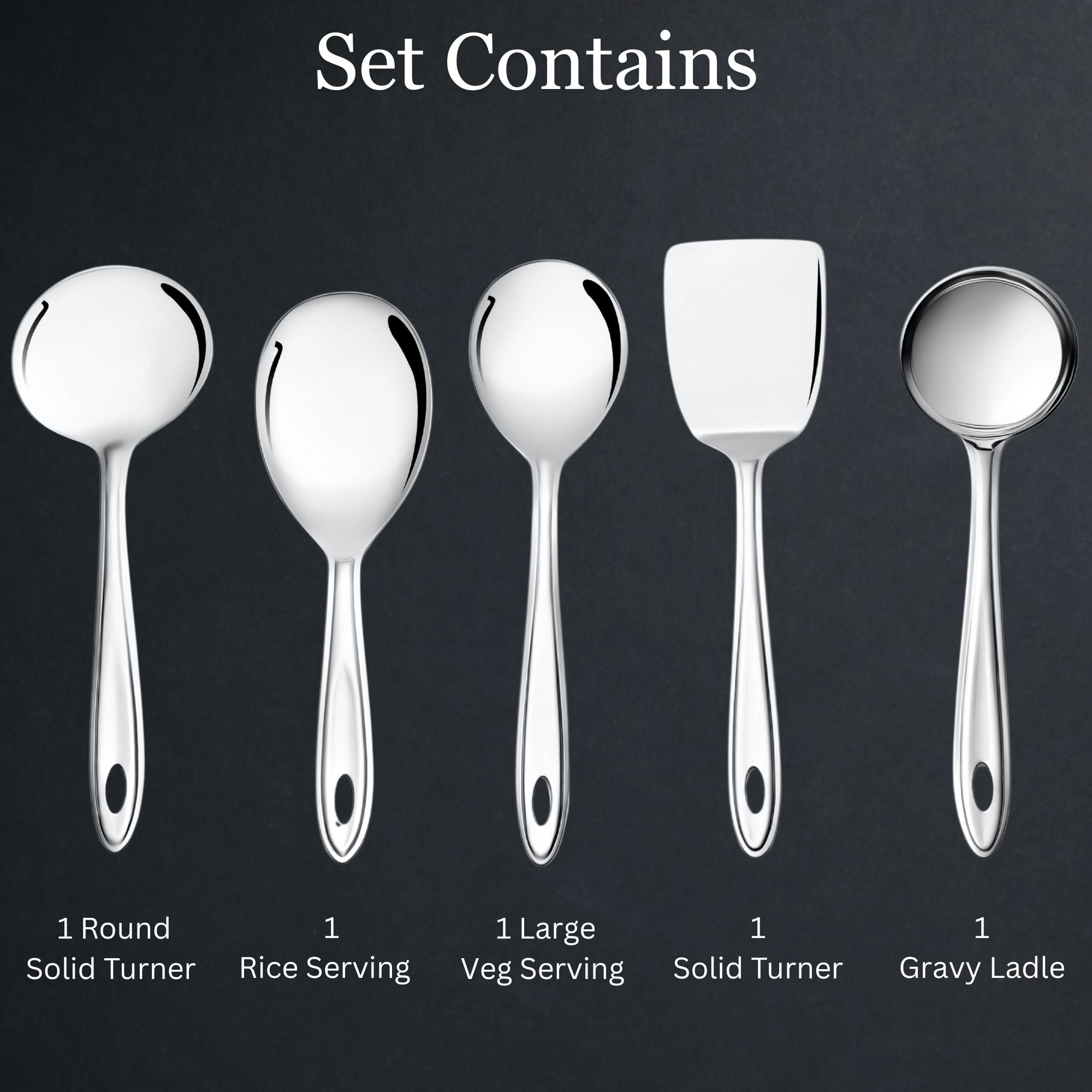 Trinity serving spoon set contents showing round solid turner, rice server, veg server, solid turner, and gravy ladle