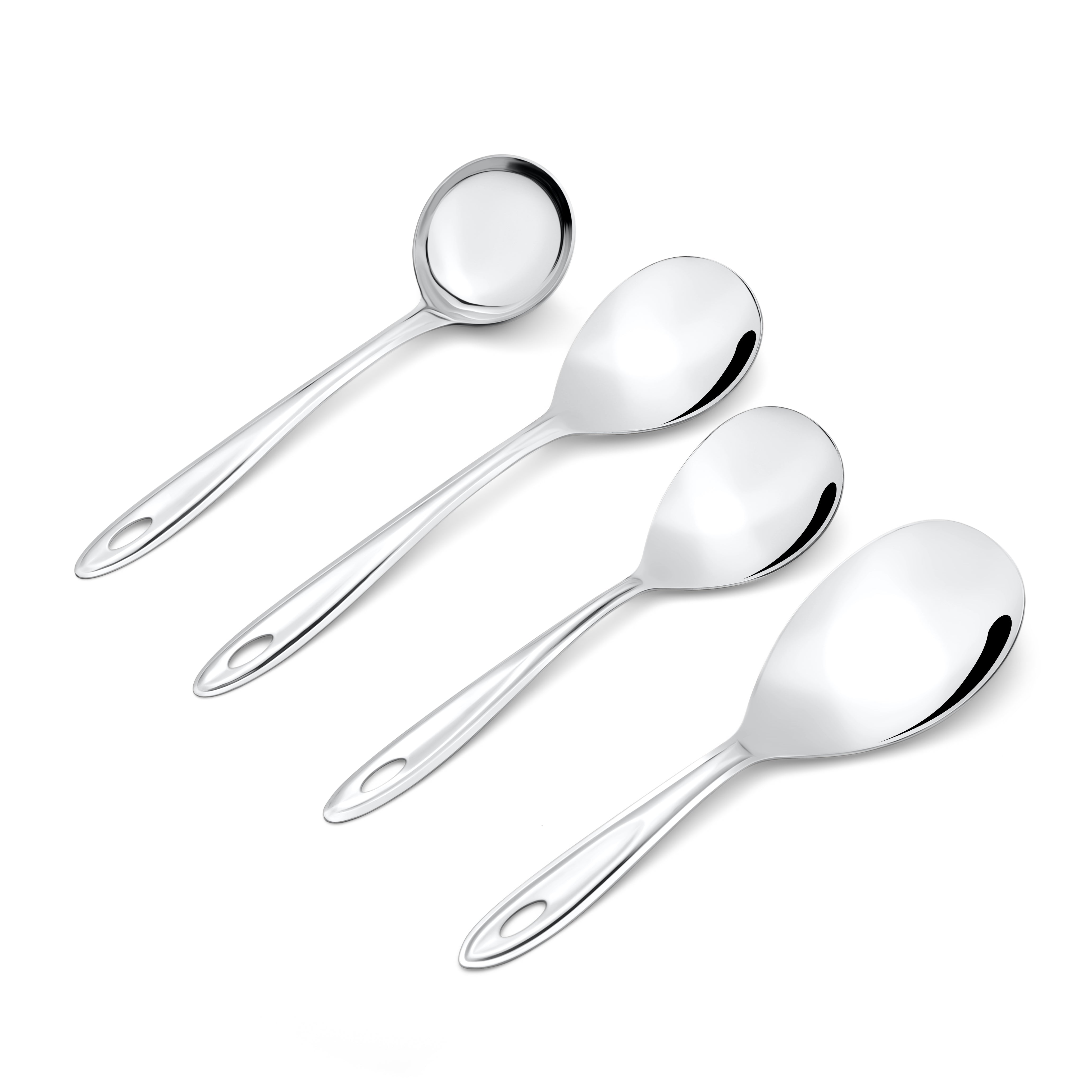 Trinity serving spoons collection featuring gravy ladle, rice server, and two vegetable spoon sizes isolated on white background.