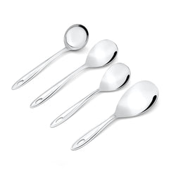 Trinity serving spoons collection featuring gravy ladle, rice server, and two vegetable spoon sizes isolated on white background.