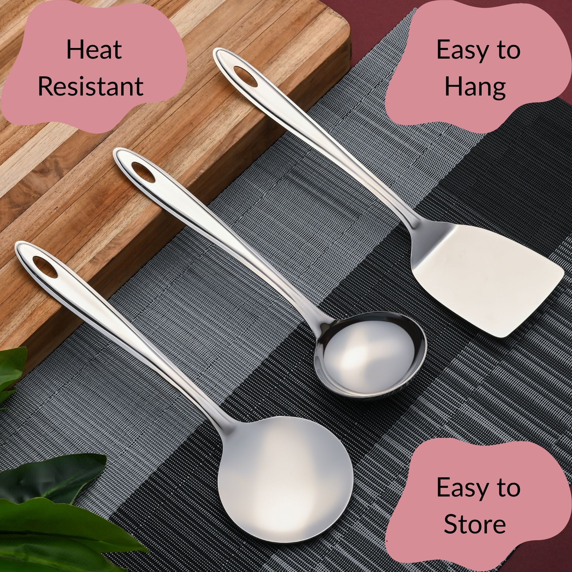 Trinity serving spoons showing heat resistant, easy to hang, and easy to store features with 3-piece utensil collection