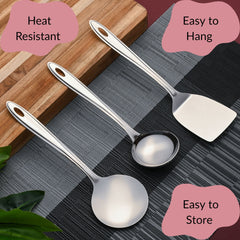 Trinity serving spoons showing heat resistant, easy to hang, and easy to store features with 3-piece utensil collection