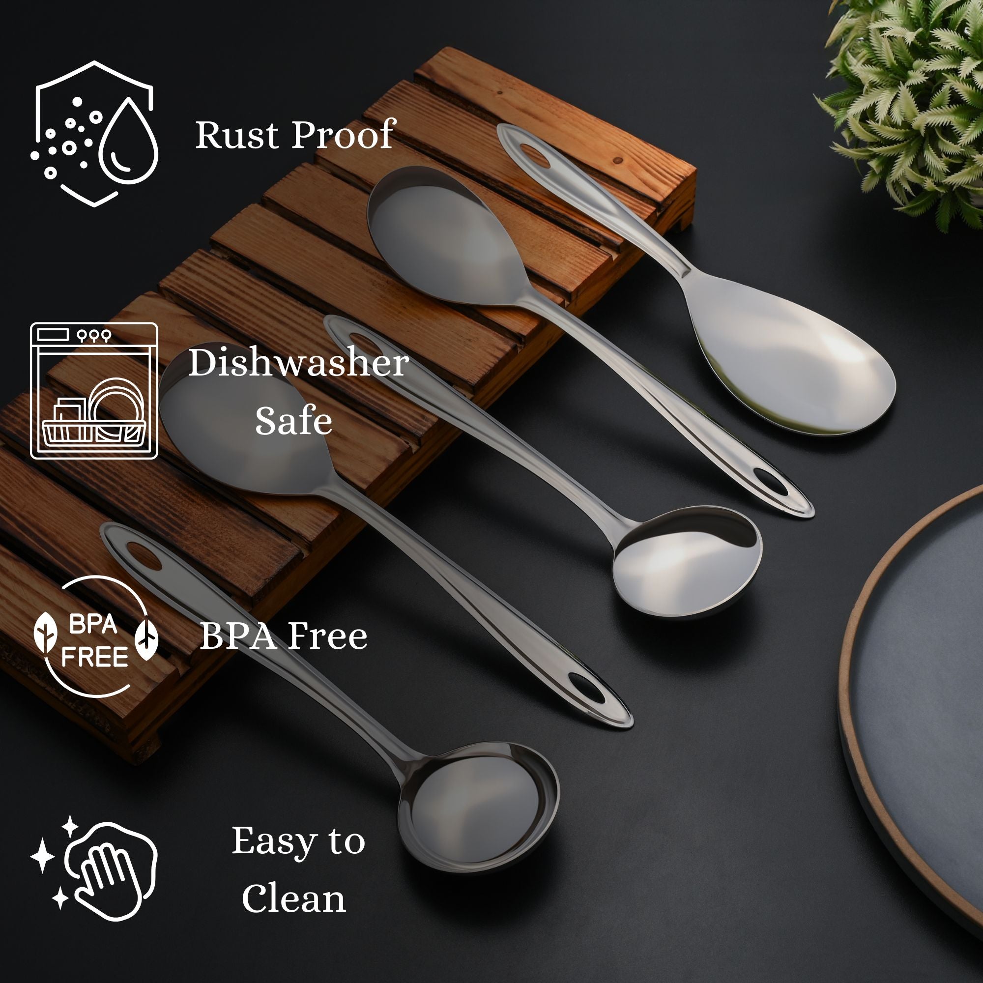  Trinity serving spoons featuring rust-proof construction, dishwasher safe convenience, BPA-free material, and easy-to-clean properties for everyday kitchen use.
